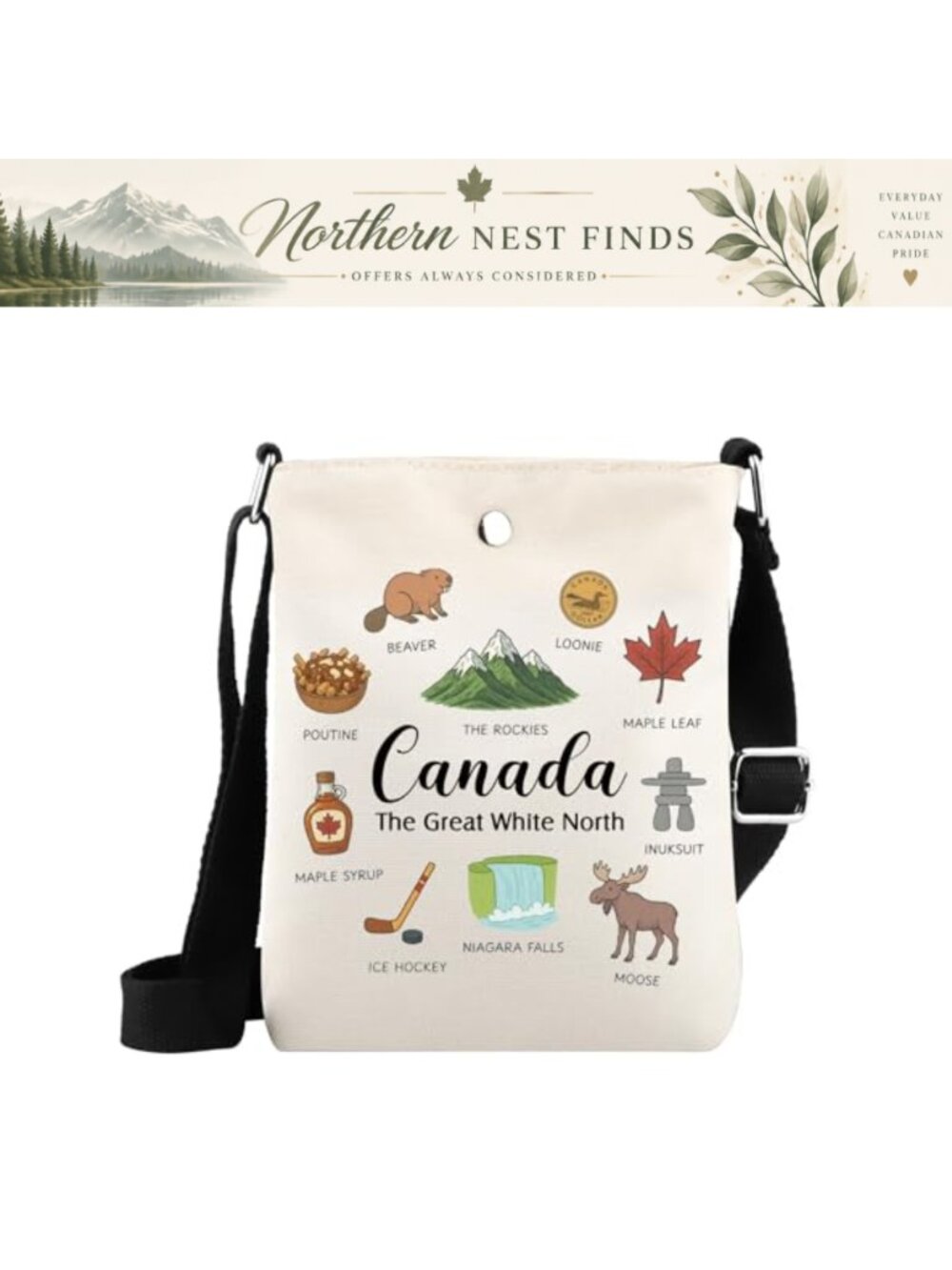 Canvas Crossbody Bag Canada Landmark Travel Souvenir Adjustable Shoulder Bag